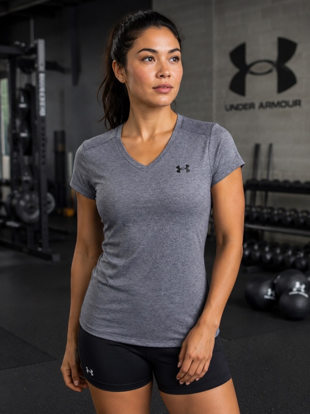 Under Armour HeatGear Gray Heather Fitted V-Neck Active Tee - Size: Small